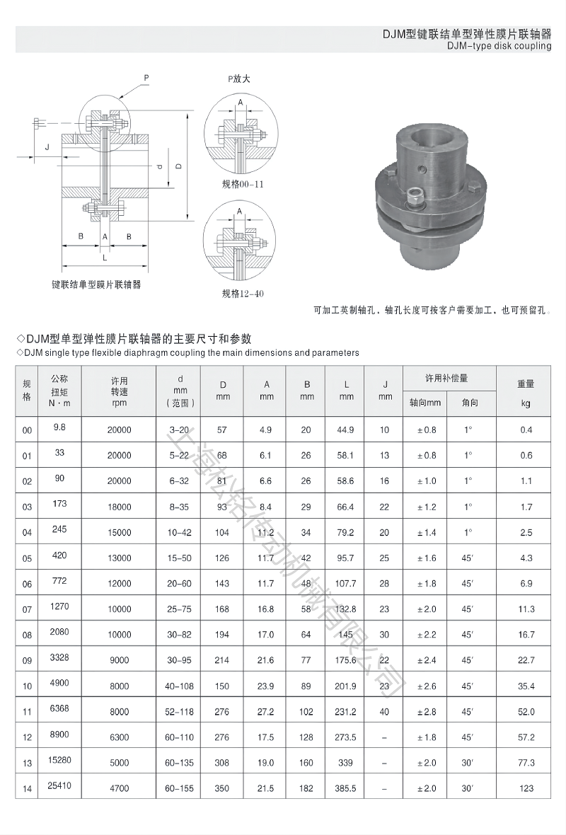 DJM单组膜片联轴器选型参数